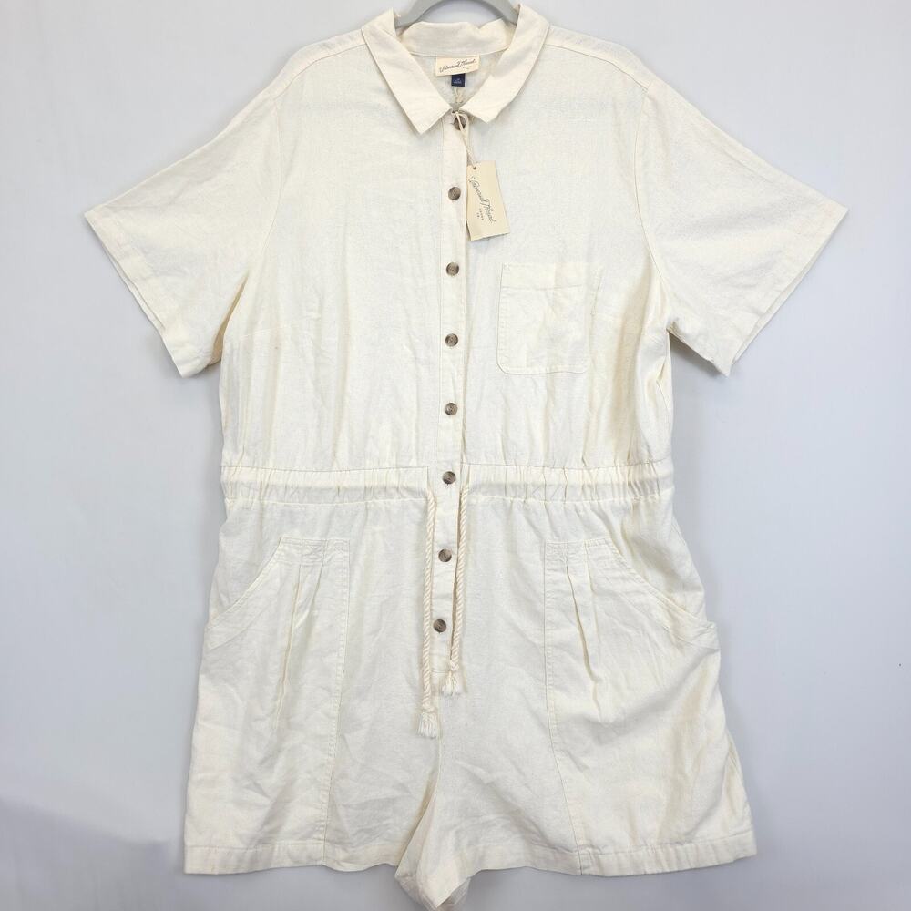 Universal Thread Romper Shorts‎ Linen Blend Women 1X Ivory Rope Waist Button Up